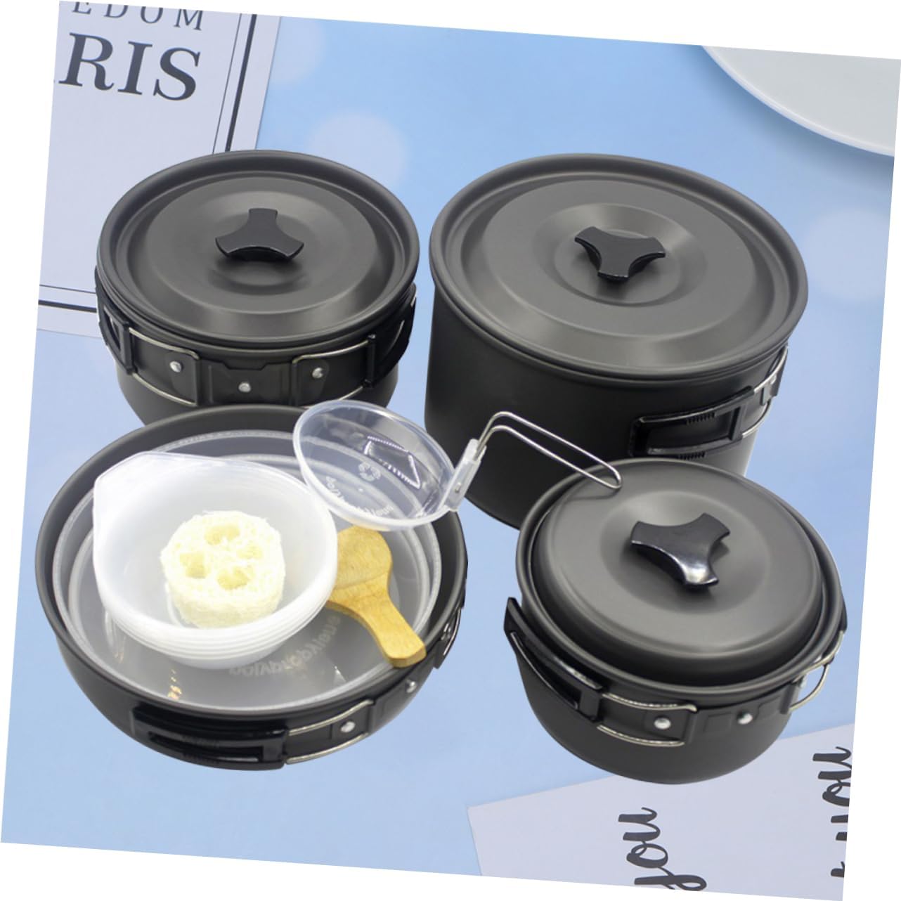 Portable Camping Cooking Set for People Lightweight Picnic Cookware Kit Non-Stick Pots and Pans Space-Saving Mesh Bag for Outdoor Cooking and Hiking Black