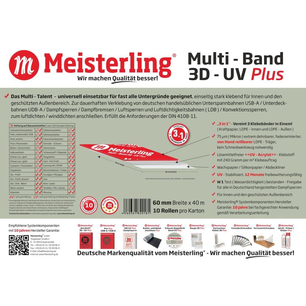 Multi - Band 3D - UV PLUS rot - von Hand reißbar - flexibles Hochleistungs-Klebeband für Dampfsperren & Dampfbremsen etc. (2, 60mm x 40m)