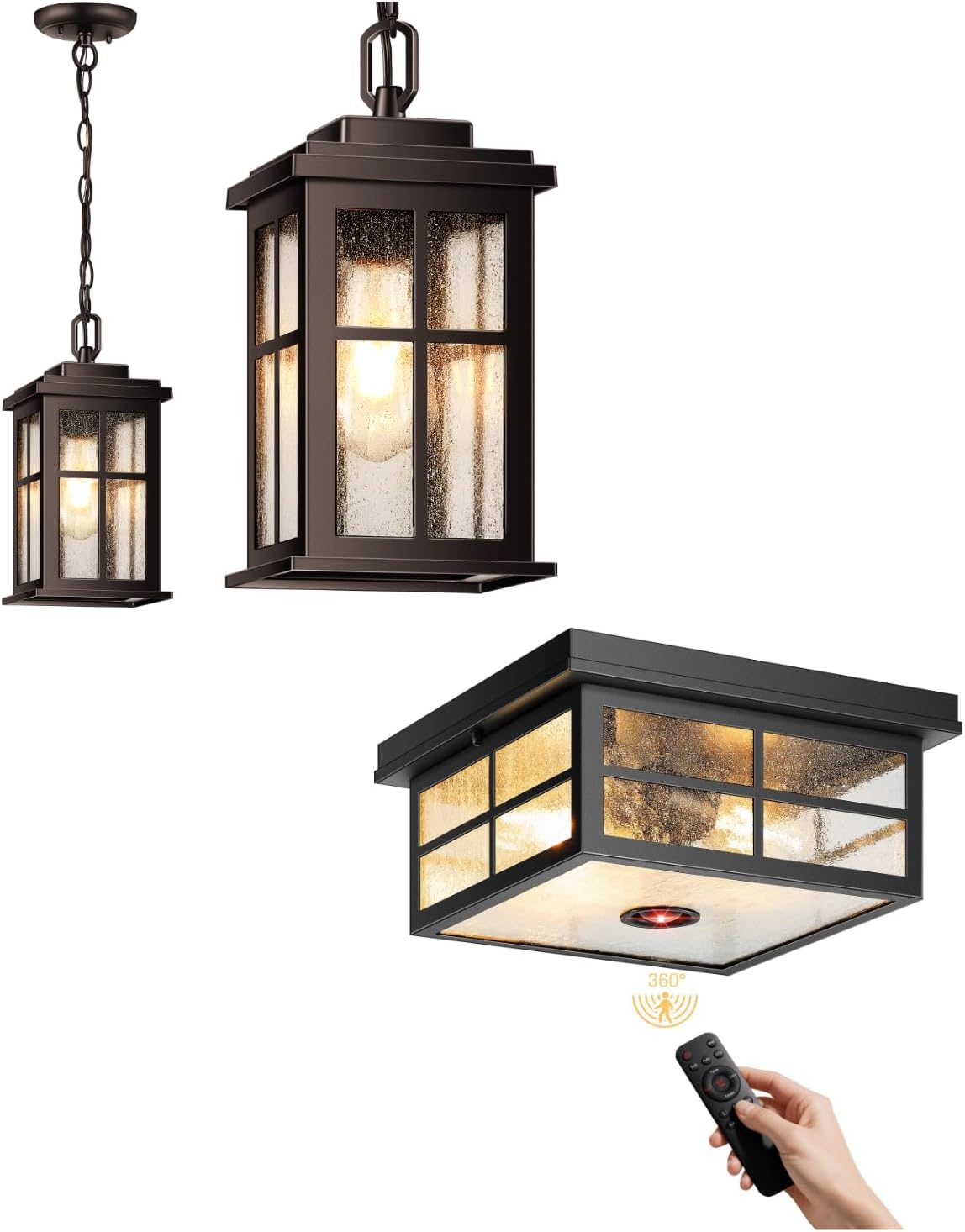 VIANIS Outdoor Hanging Lights, Oil Rubbed Bronze Exterior Pendant Lights for Porch with Adjustable Chain, 2-Light Black Motion Sensor Outdoor Ceiling Light with Remote Control