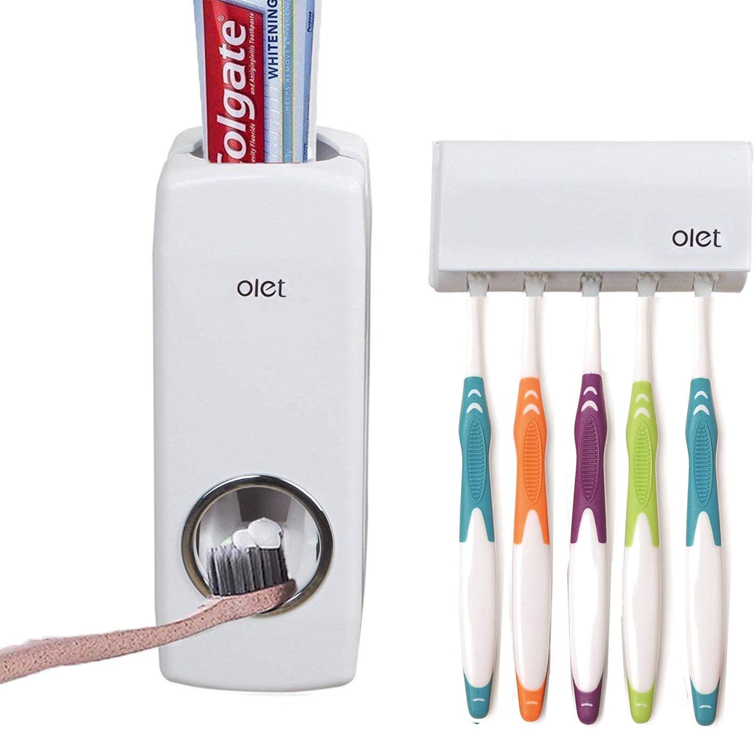 QIVANLIFEToothpaste Dispenser and Toothbrush Holder Set, Wall Mounted Automatic Toothpaste Squeezer and Toothbrush Organizer Holder,Restroom Bathroom Accessories (5 Brushes Slots),White