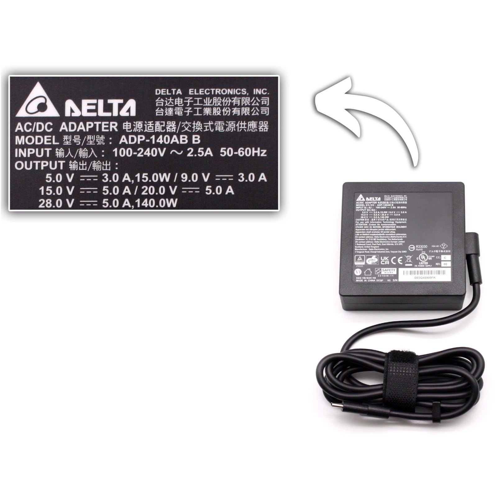 Cargador universal de portátil USB C de 140 W para Mac Book Pro 16 15 13 2018/2019/2020, Mac Book Air, Lenovo ThinkPad, HP Chromebook, Dell XPS,ACER y todas las cargas USB-C 96W 87W 65W 61W