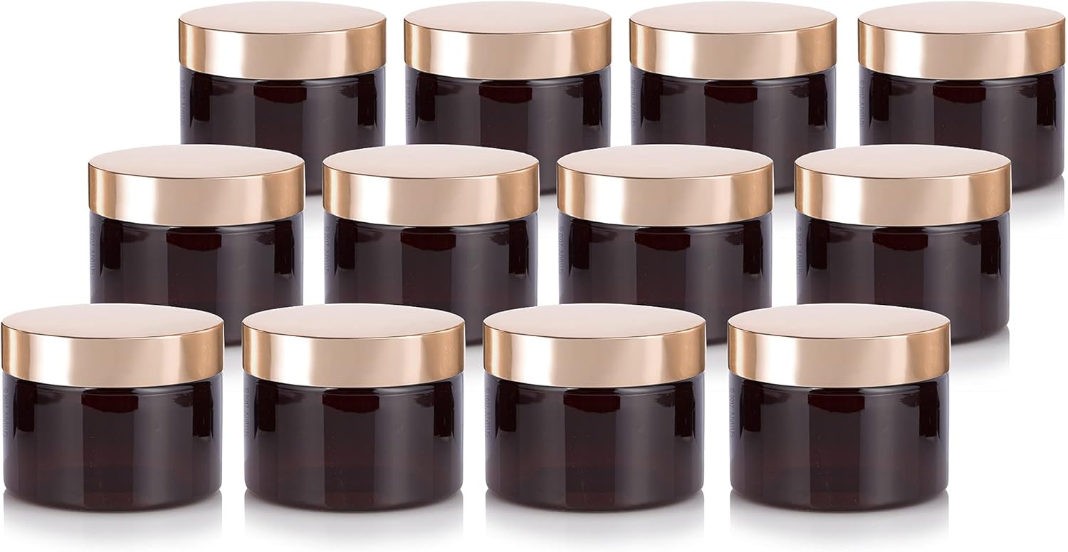 JUVITUS 12 oz Amber PET Plastic Refillable Low Profile Jar with Gold Metal Overshell Lid (12 Pack)