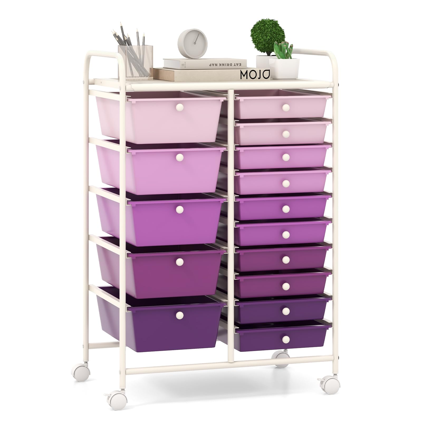 Giantex 15 Drawers Rolling Cart, Classroom Organizers, Storage Cart with Wheels, for Teacher Office Home School Supplies Tool Craft Art Paper, Purple Gradient - 15 Drawers (5 Big +10 Small) - Purple Gradient