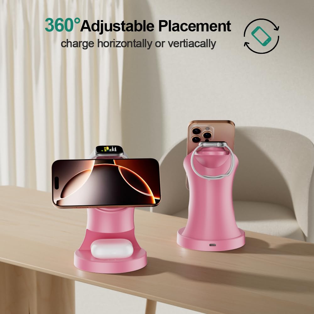Wireless Charger,3 in 1 Magnetic Wireless Charger Stand, Fast Wireless Charging Dock for iPhone 16/15/14/13/12 Series, Apple Watch Series, AirPods Pro.