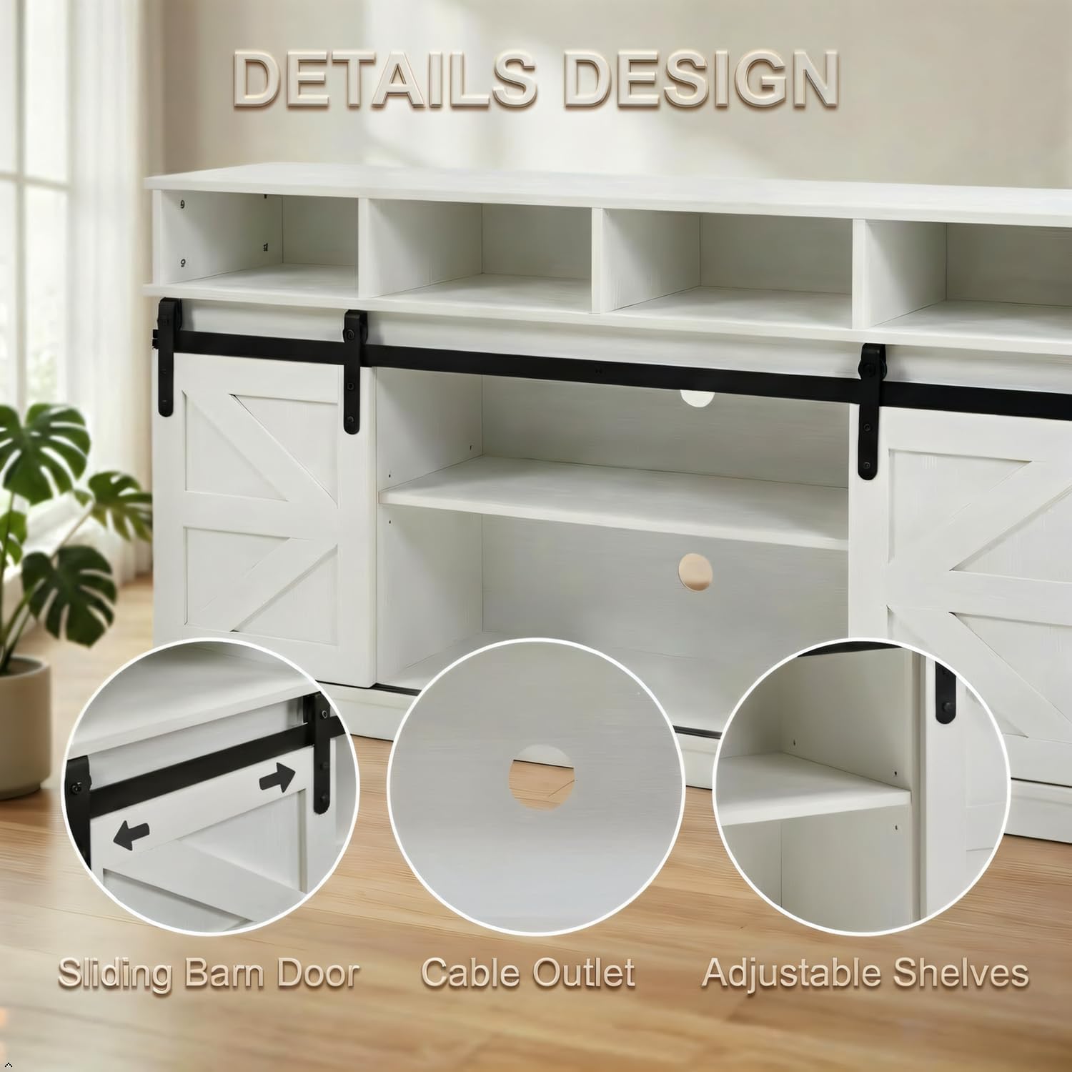 TV Stand for Living Room - Entertainment Center with Storage - Fits 65 Inch TV - Traditional American Country Style TV Cabinet - Media Console - Barn Door TV Stand,White