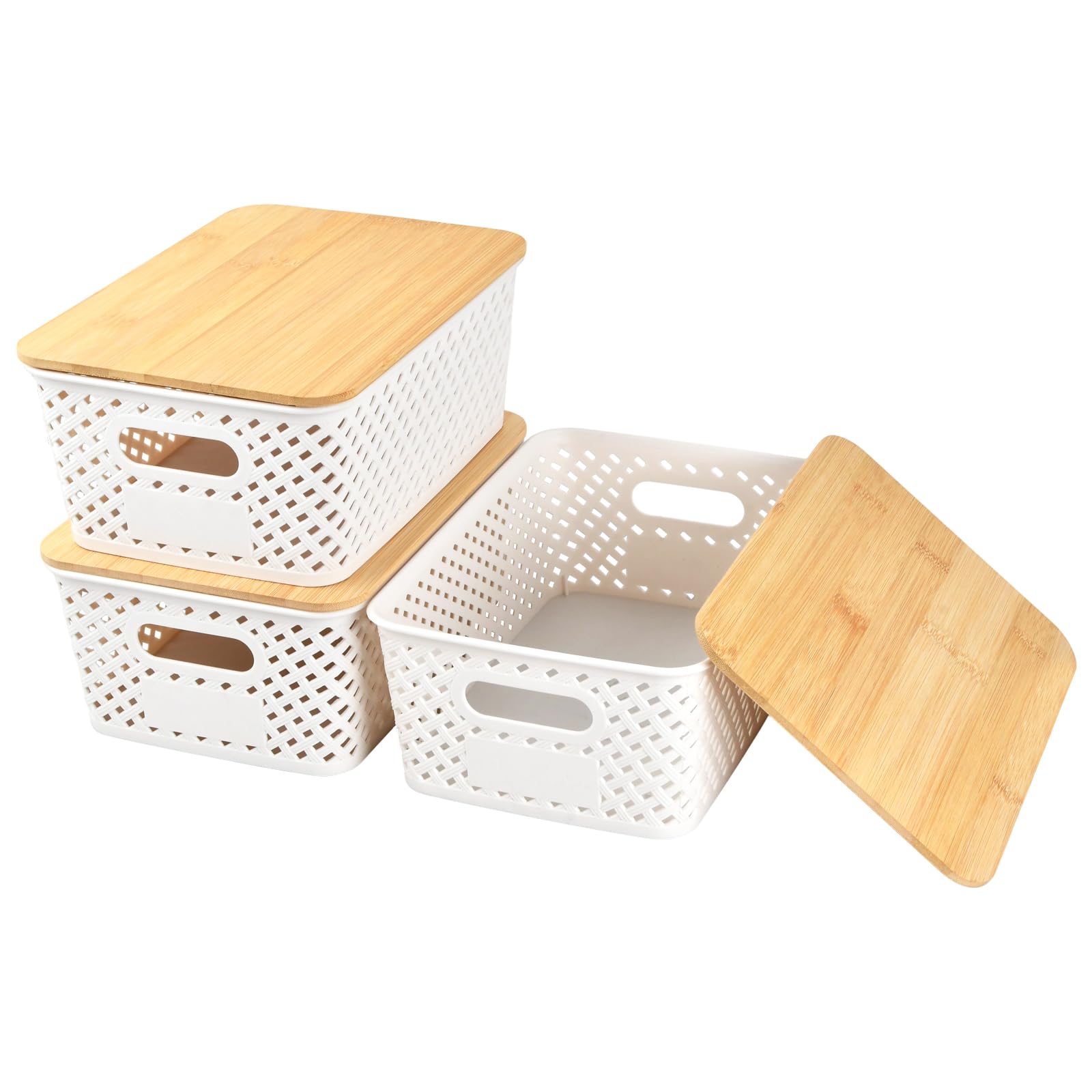 Mapille 3 Piezas Cestas Almacenaje Plastico con Tapa Bambú 25x18x10cm 5L Cestas Organizadoras Cajas Organizadoras PláStico Apilable Asas Blanco Organizador Cajones para Oficina CosméTico BañO Juguetes