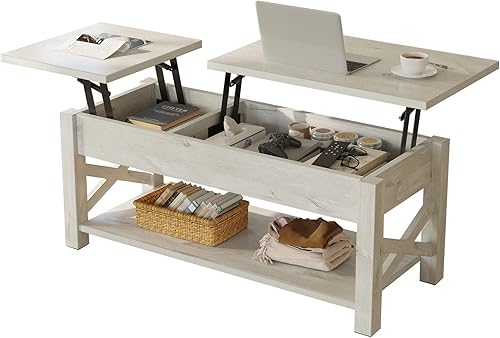 Rolanstar Mesa auxiliar elevable de 47.2 pulgadas con compartimento oculto, mesa de centro de elevación de 2 vías con estante abierto y soporte de