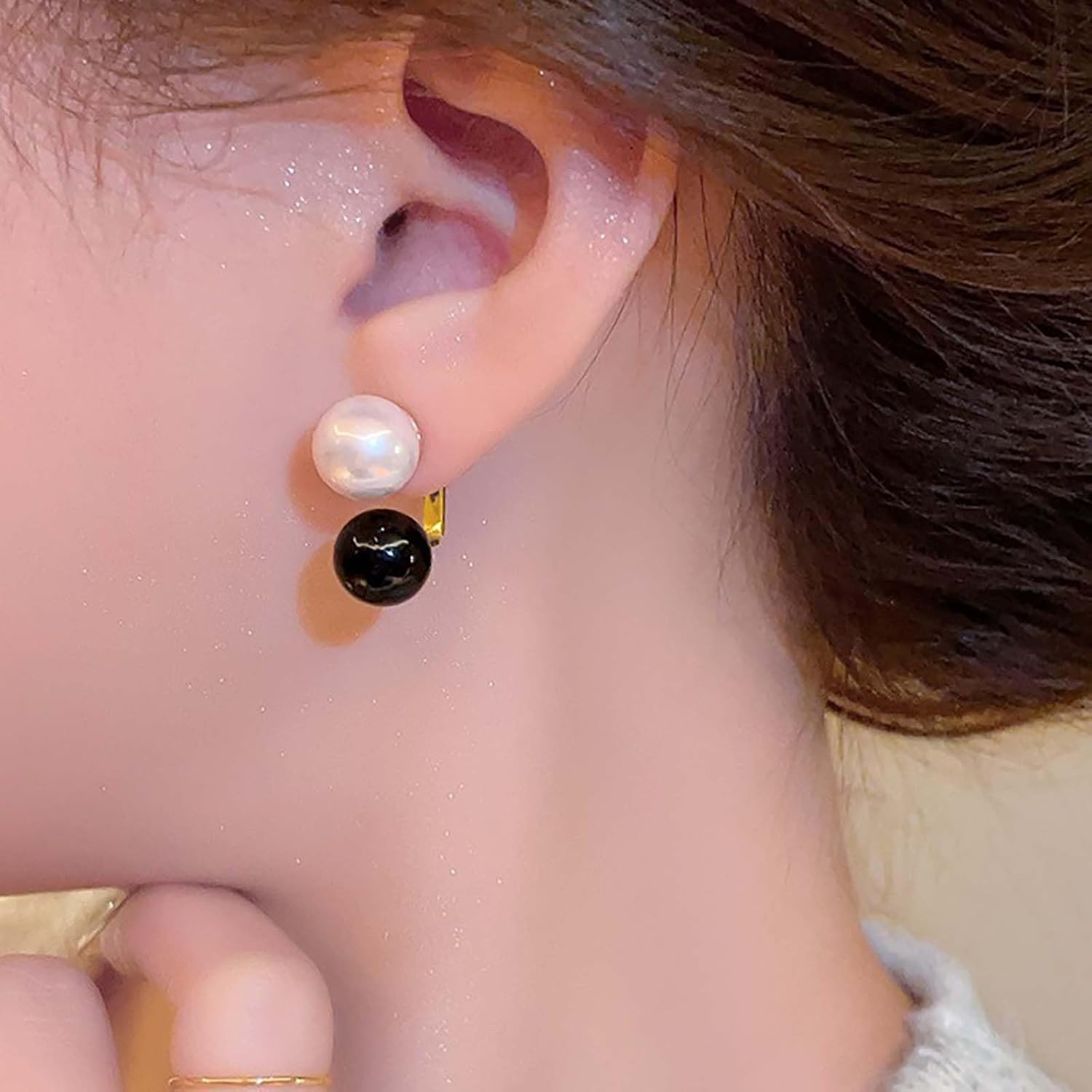 Vintage Pearl Double Sided Earrings Pearl Ear Jacket Earrings Minimalist Round Bead Dangle Studs Black White Bead Front Back Earring Jewelry for Women - Image 7