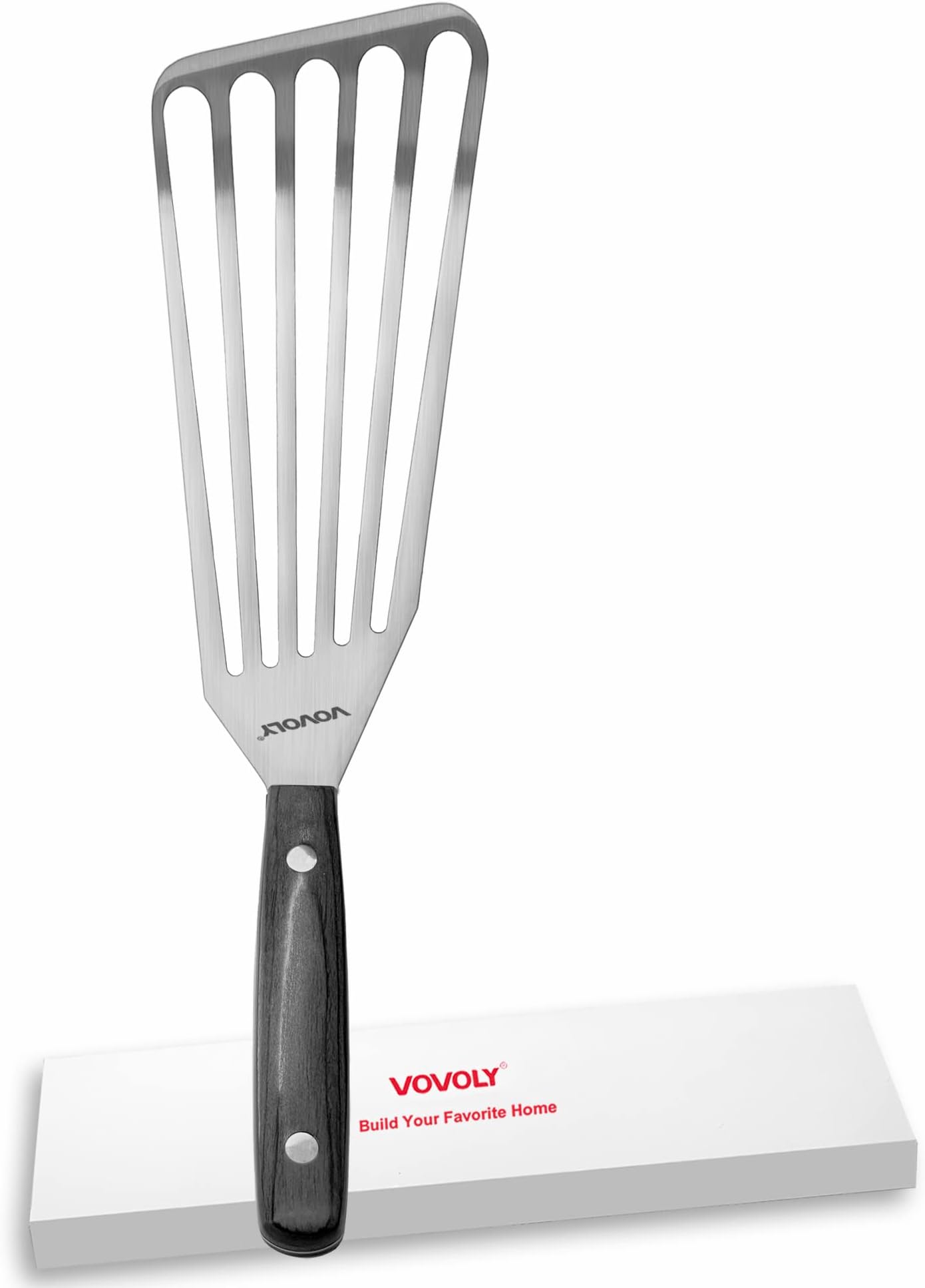 Fish Spatula with Full Tang Wooden Handle, Thin & Flexible Slotted Spatula, Great Cooking Utensils for Flipping/Frying/Turning, Curved Stainless Steel Blade 4" x 8", Size 13"
