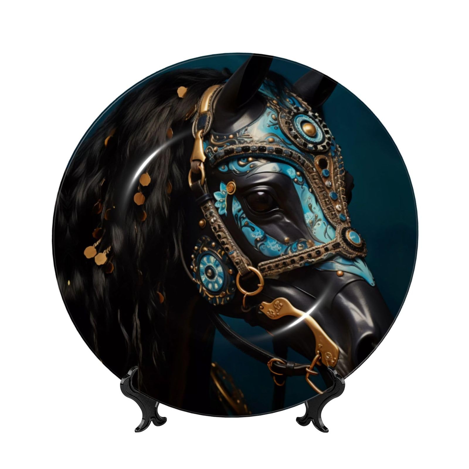 SXZVVBN Medieval War Horses Bone China Decorative Plate Art with Stand Removable Adhesive Hanging for Home Office 6in（15cm）