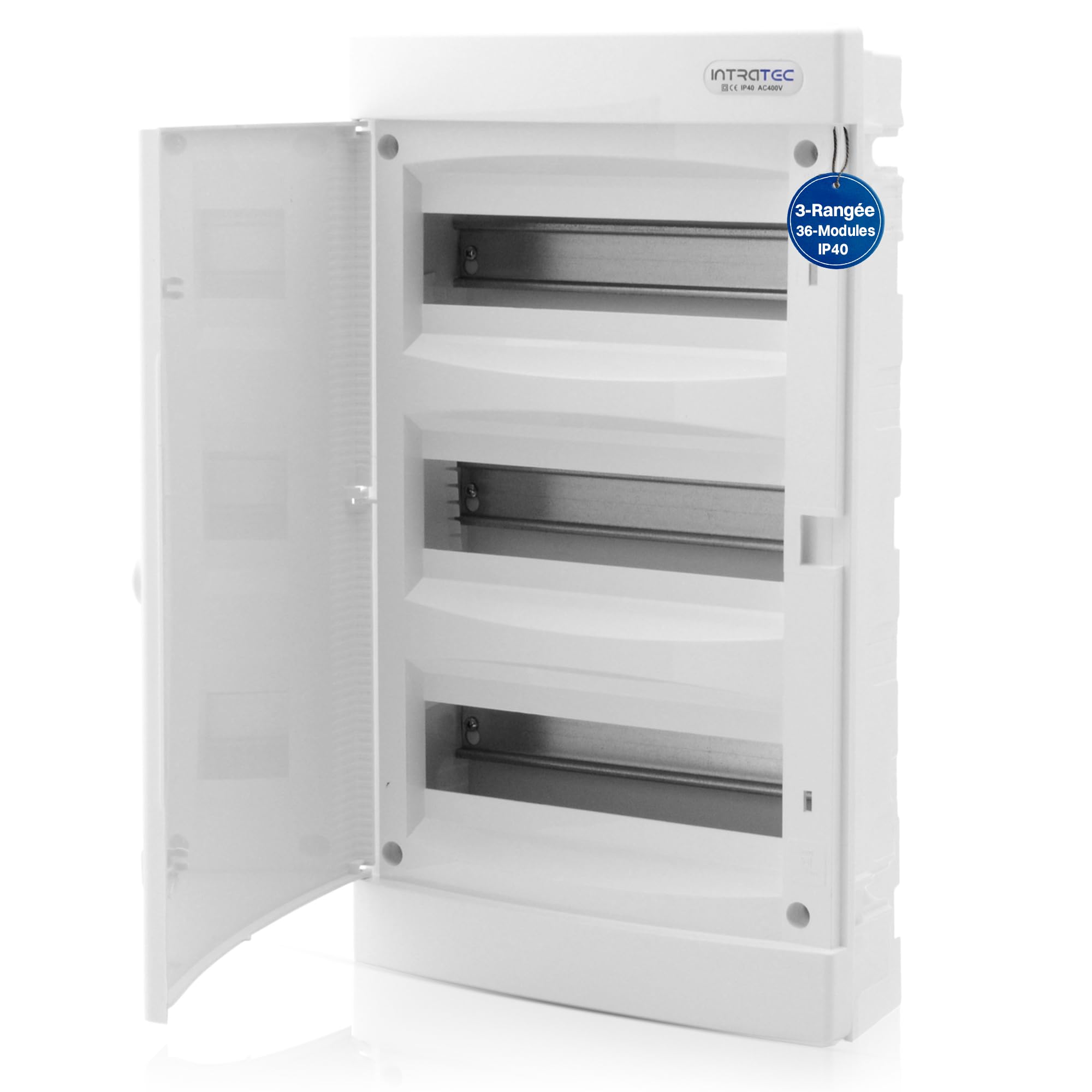 Intratec Coffret de Distribution Encastré 3 Rangée – Coffret IP40 pour 36 Modules avec Porte Blanc et Rail pour Installation Électrique Facile à Domicile & en Entreprise– 482 x 283 x 106mm