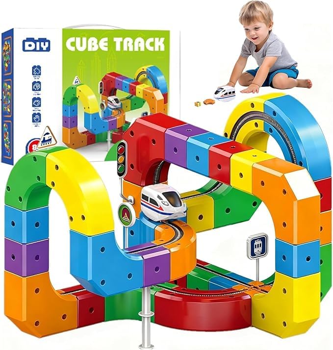 81Pcs Clickrail Electric Train Set,Track Fusion Train Toy, Magic Rail Cube Train Set,3D Embedded Train Track Set, with Gravity-Defying Motorized DIY Track Toys for3-10Years Boys Girls Birthday Gifts