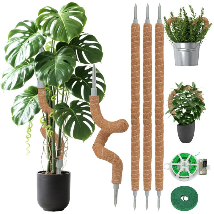 LOLEDE 4 Pack Moss Pole, 27.5 Inches Bendable Coco Coir Poles Monstera Plant Support for Climbing Indoor Plants, DIY Plant Stakes Kit Support for