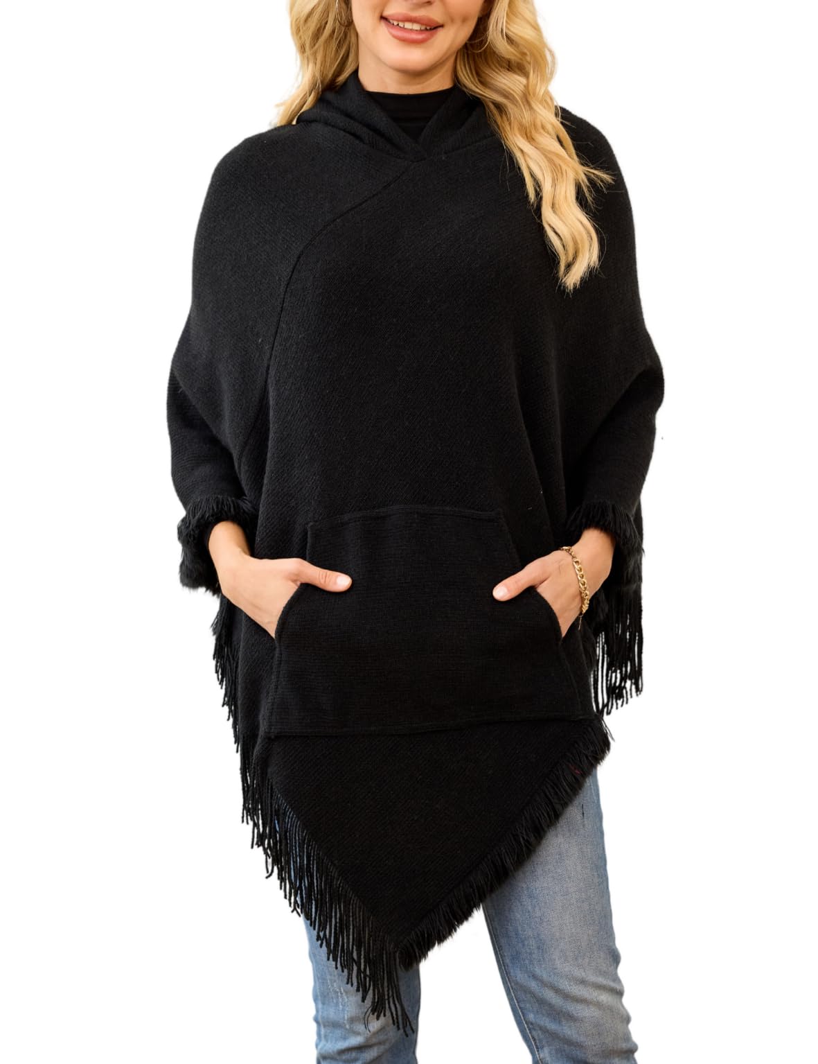 Ferand Women's Knit Hooded Poncho with Kangaroo Pocket, Fringe Wrap