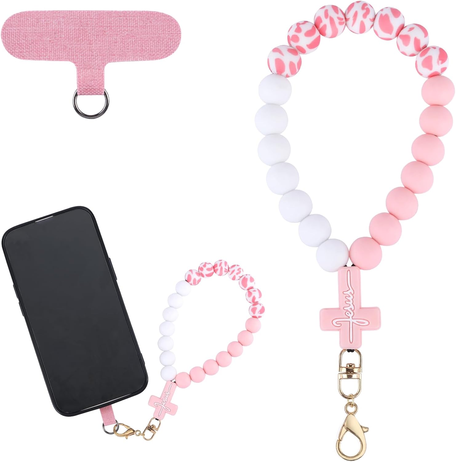 BEEFLYING Silicone Beaded Phone Wrist Strap with Cross, Cellphone Lanyard with Tether Tab, Elastic Hands-Free Bracelet