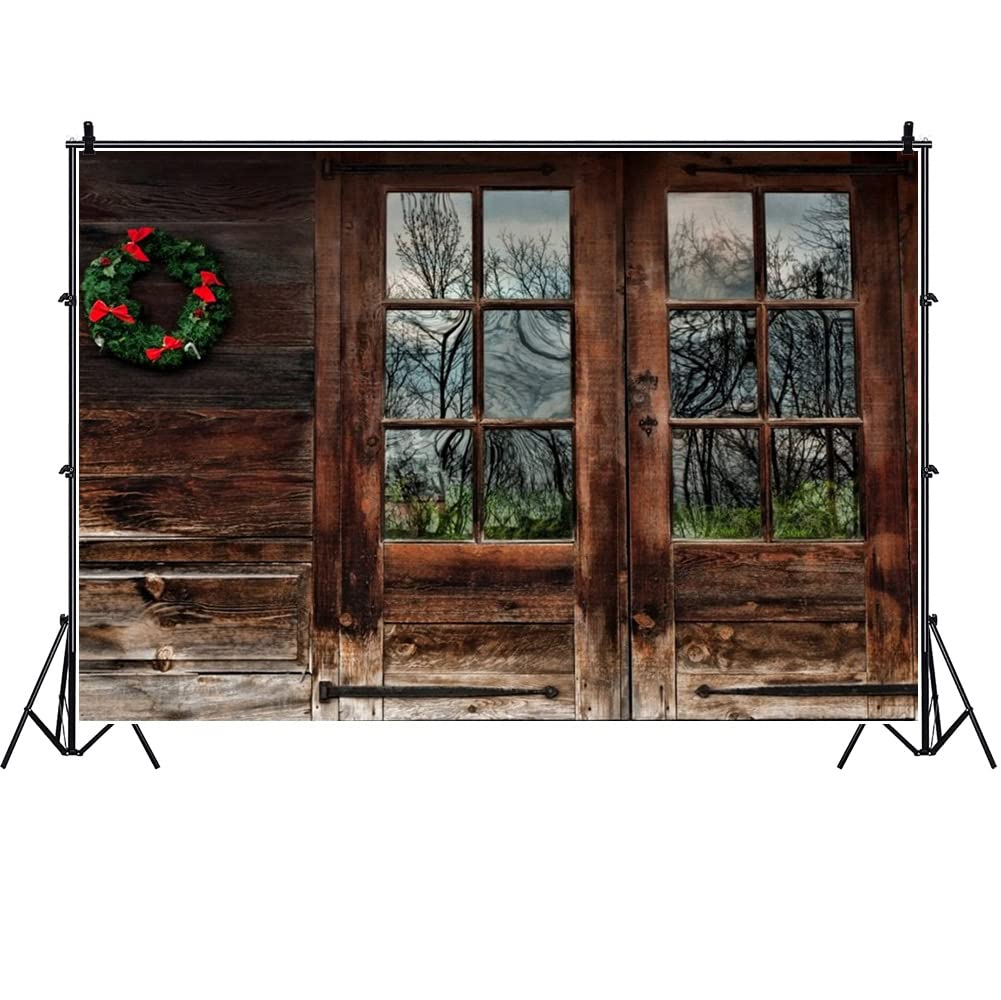Laeacco 10x6.5ft Vinyl Backdrop Rustic Wood Cabin with Christmas Wreath Decoration Photography Background Old Wooden House Shabby Window Door Walls