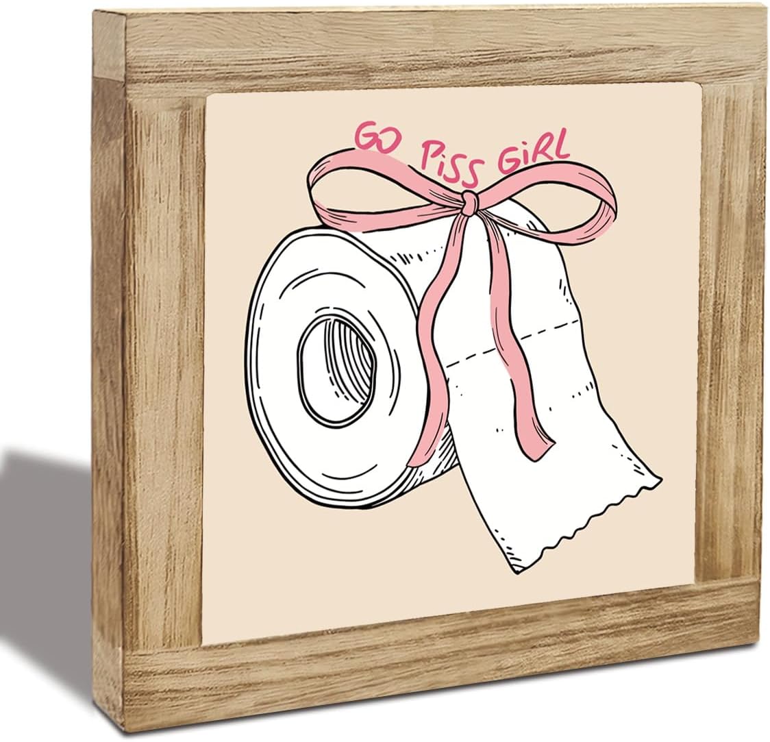 Humor Bathroom Decor Go Piss Girl Wood Sign, Funny Bathroom Sign, Notice to Toilet for Home or Public, Decorative Signs for Home Toilet Shelf Table Top Desk 5.9X5.9X0.7 inches