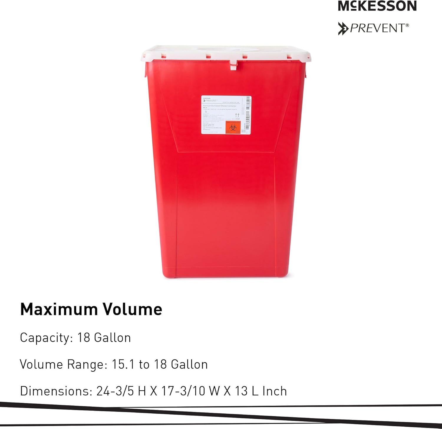 McKesson Prevent Premium Biohazard Sharps Container - Vertical Entry, Rotating Lid - Red and White, 18 gal, 13 in x 17 3/10 in x 24 3/5 in, 1 Count