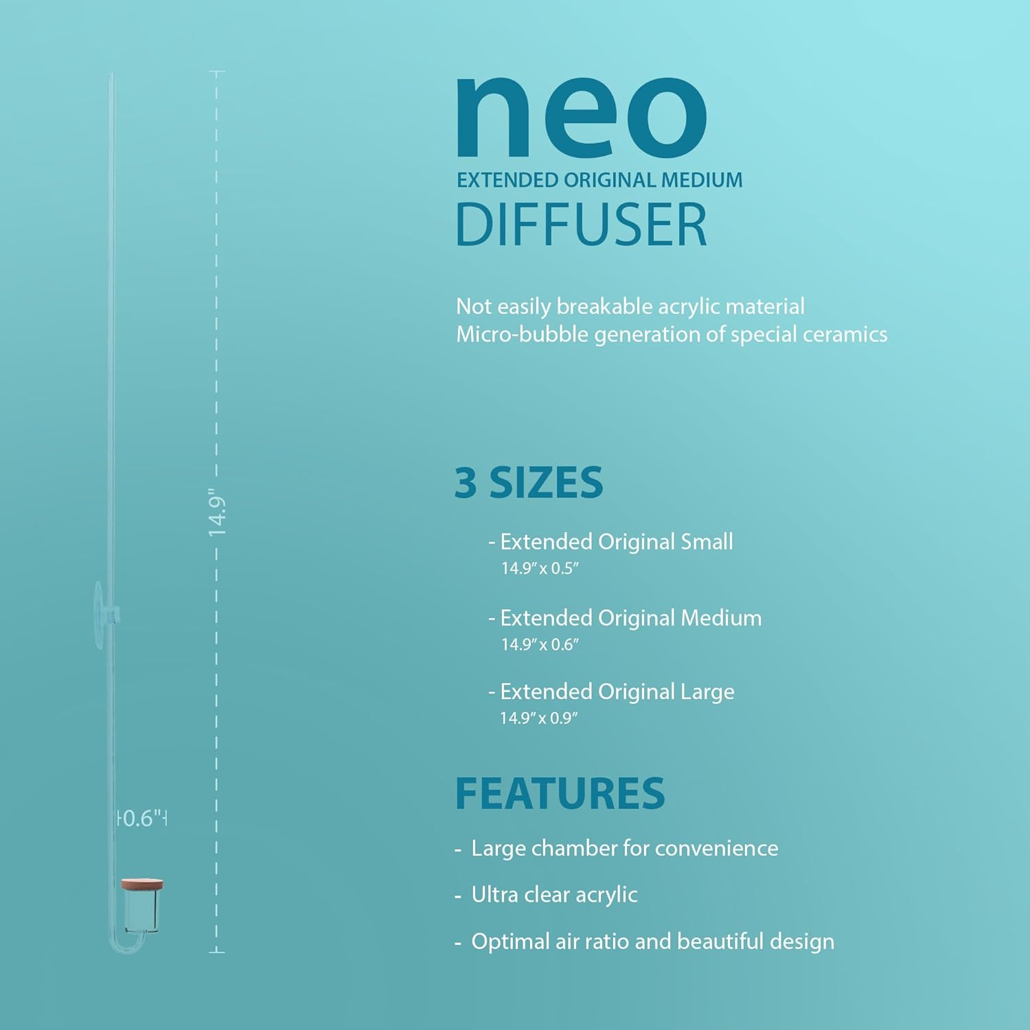 Aquario Neo CO2 Aquarium Diffuser - CO2 Diffuser Aquarium Kit, CO2 Diffuser for Aquarium Plants, CO2 System for Aquarium - Extended Original Diffuser, Large
