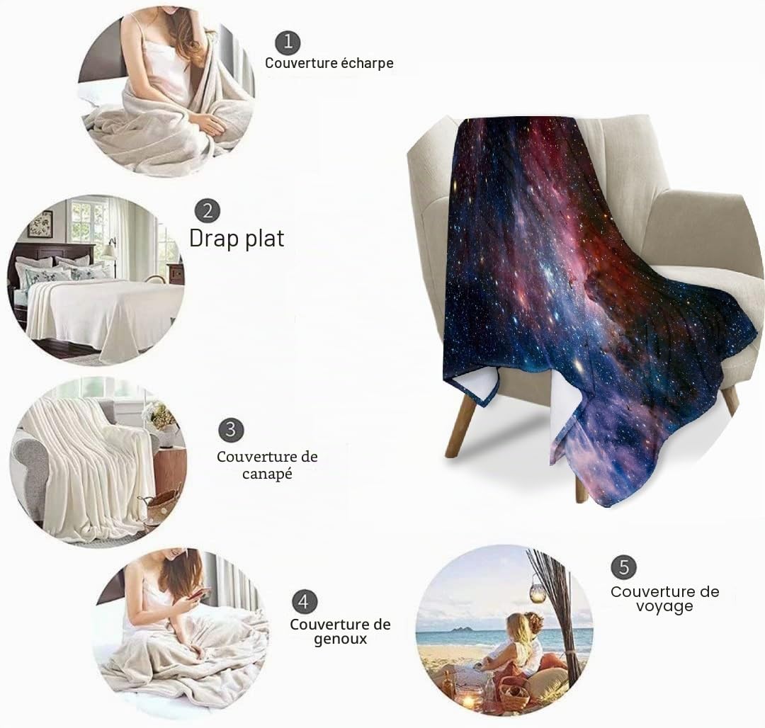 Couverture de Canapé Spatiale, Couverture Polaire Galaxie Couverture Peluche Confortable pour Voyage Canapé Fauteuil Lit Couples Hommes Femmes, 200 cm x 150 cm, Multicolore
