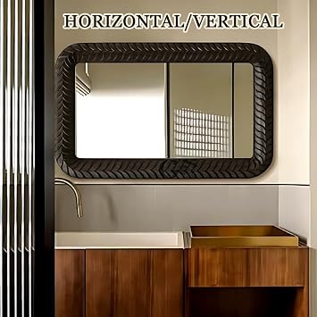 LTSRLL 24x35 Large Wall Mirror Solid for Bathroom Dressing Table, Wood Frame with Braided Detail, Horizontally/Vertically Hanging Or Against Wall(Black)