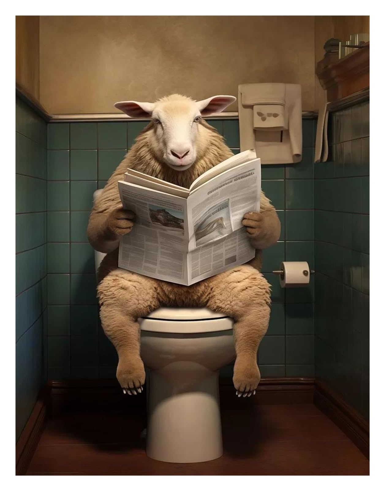 XENITE Wall Art Canvas Prints Funny Animal Rabbit Giraffe Frog Sitting On The Toilet Reading Newspaper Canvas Painting Poster Prints Wall Art Pictures Home Decor(F,50x70cm)