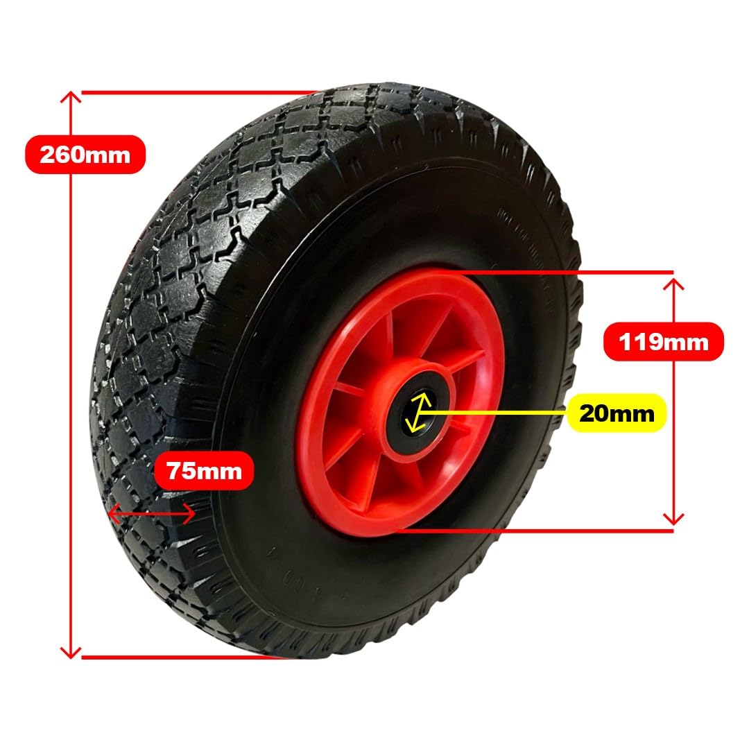 KOVA 2 x Roues de brouette anti-crevaison en caoutchouc plein Ø 260 mm, 3.00-4, Moyeu Ø20×75, Roue de rechange en PU pour brouette et chariot de transport - Pneus en caoutchouc plein pour brouette