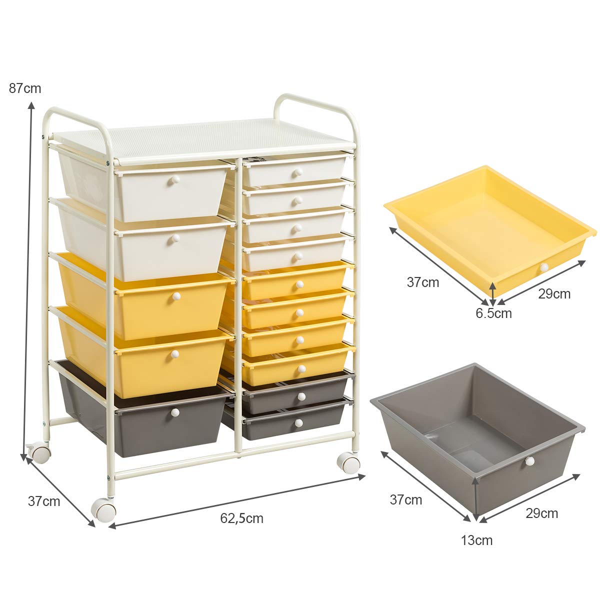 GIANTEX 15 Tiroirs Chariot de Rangement,Tour de Rangement Bureau sur Roulettes, Multifonctionnel Desserte à Roulettes Verrouillables avec Cadre Métal, pour Salon,Chambre 63x37x87CM (Jaune)