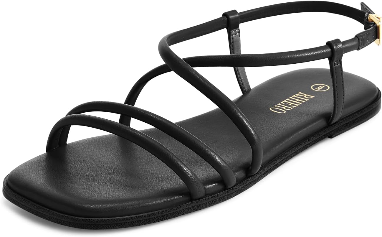 Rihero Women’s Strappy Flat Sandals Summer Lace Up Open Toe Comfortable Slip-On Ankle Strap Sandals