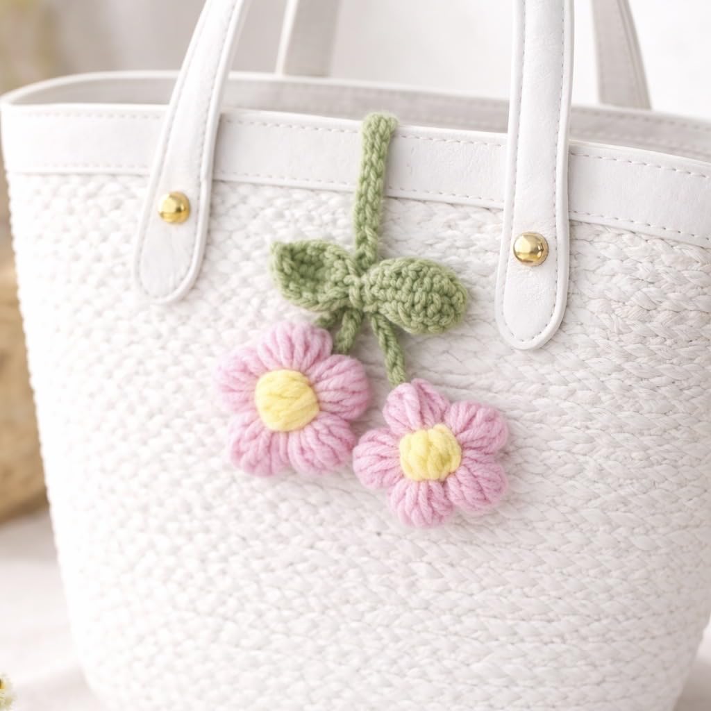 Tinted Thread Treasures Handmade Crochet Flower Keychain, Pink and Green, Acrylic, Bag Charm, Round, Flower Theme-picture-55