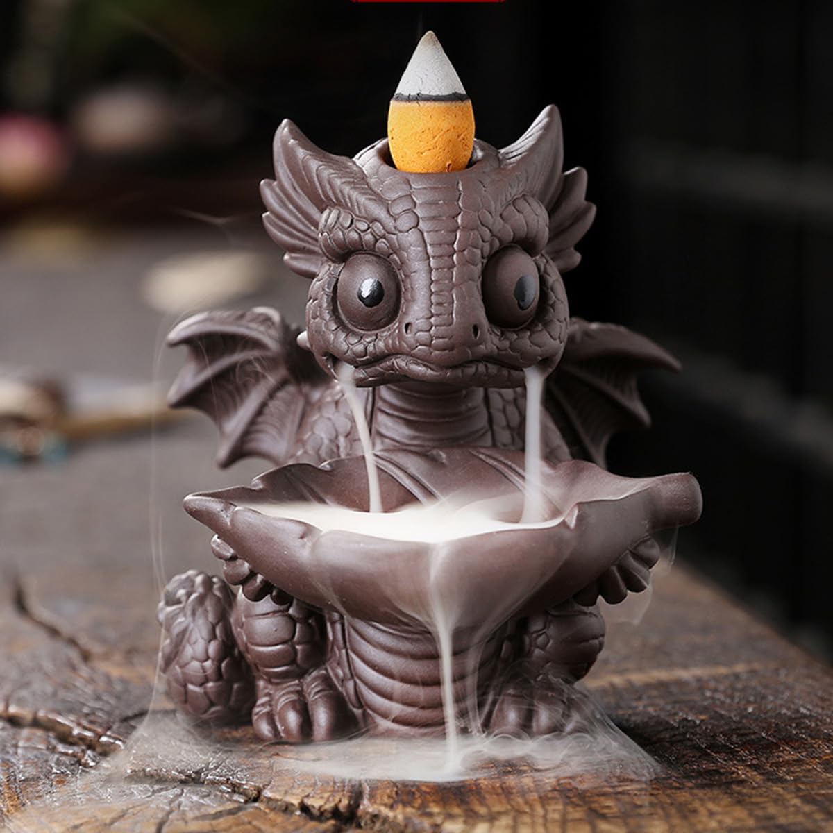 Ceramic Dragon Incense Burner, Cute Dinosaur Backflow Incense Holder with 20 Incense Cones, Tweezers, Mat, Aromatherapy Home Decoration for Spa Yoga Meditation (Brown)