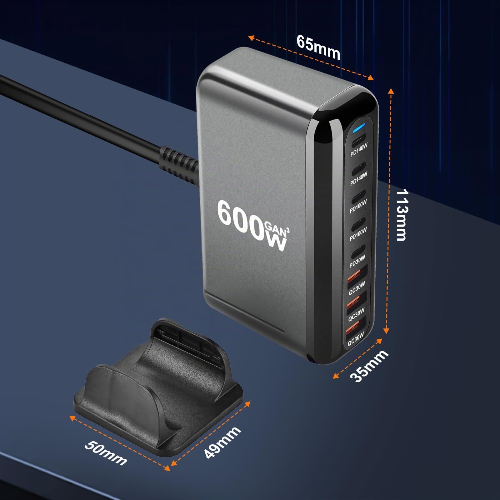 600W USB C Multiple Charger, 8-Port Fast Charging Station with 6 -C and 2 -A PD PPS 100W Power Charger for MacBook Pro/Air, iPad Pro/Air, Sumsung etc-Black