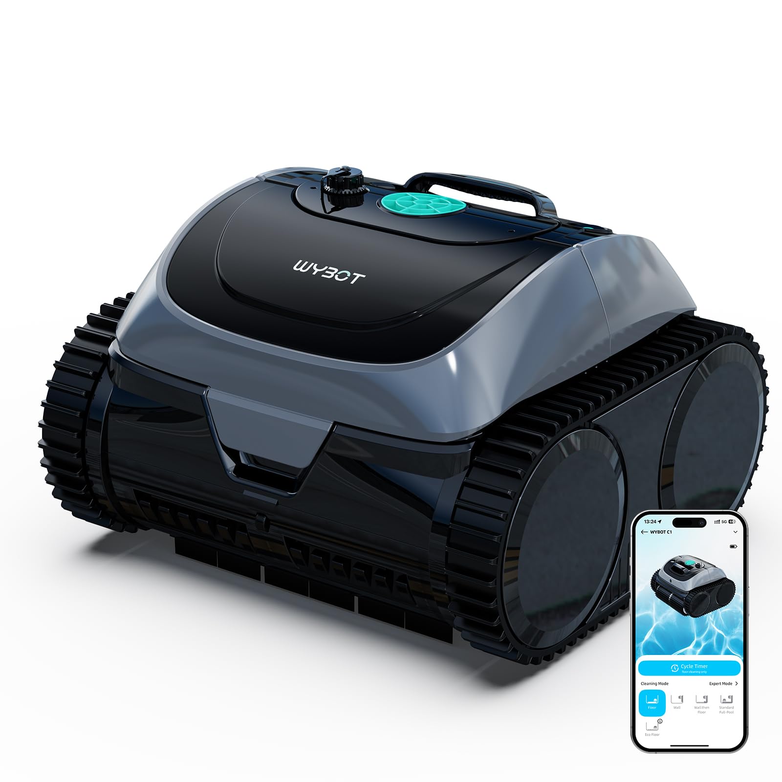 WYBOT C1-P Robot de Piscina y Robot limpiafondos Piscina, Robot Piscina limpiafondos y Paredes - 4 en 1 Aspirador sin Cable, succión Mejorada, 5 Modos, App, 155m² –Verde Acero Jade