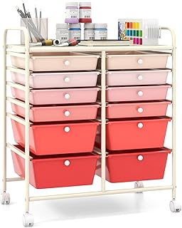 COSTWAY 12 Drawers Rolling Storage Cart, Home Office Stationary Utility Trolley with 4 Wheels, Multipurpose Mobile Organiser Shelving Unit for Makeup Beauty Salon (Gradient Pink)