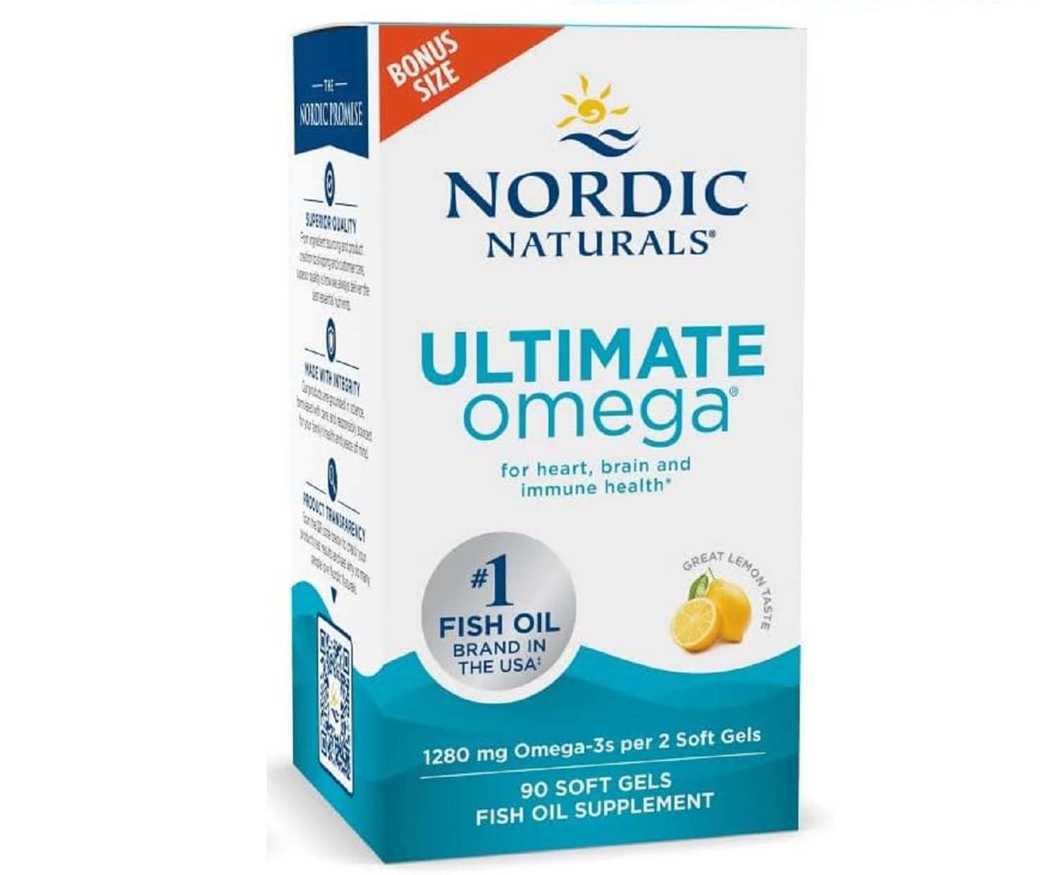 Ultimate Omega, Lemon Flavor - 90 Soft Gels - 1280 mg Omega-3 - High-Potency Omega-3 Fish Oil Supplement with EPA & DHA - Promotes Brain & Heart Health - Non-GMO - 45 Servings