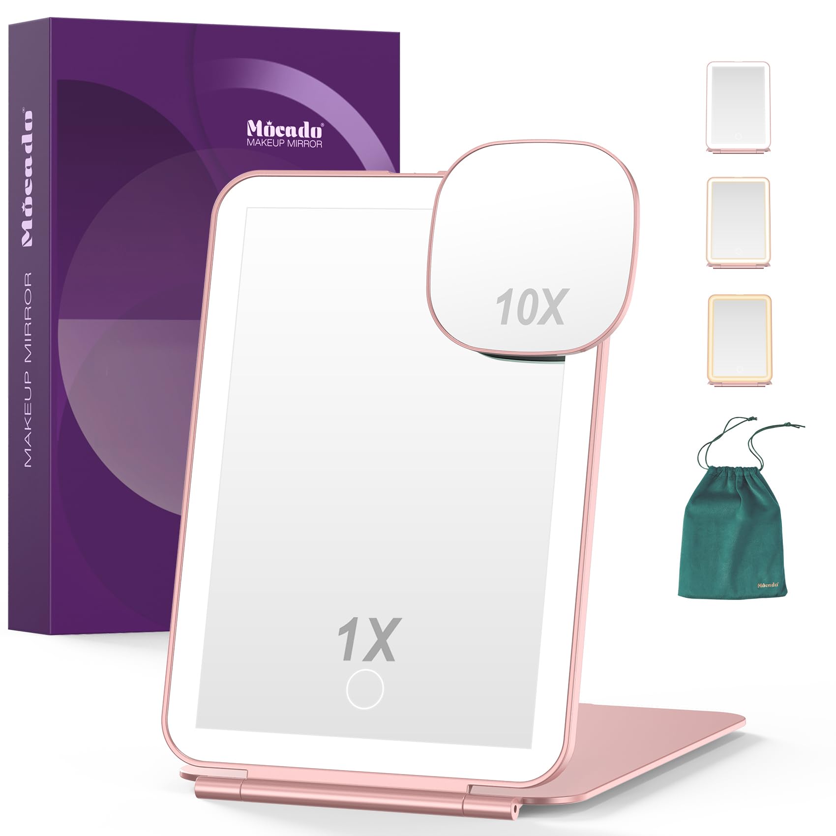 Mocado Rose Gold Rechargeable Travel Makeup Mirror With 72 Led Lights, 1X/10X Magnifying Makeup Mirror With 3 Colors Lights, Tabletop Folding Mirrors For Travel, Touch Screen, Cosmetic