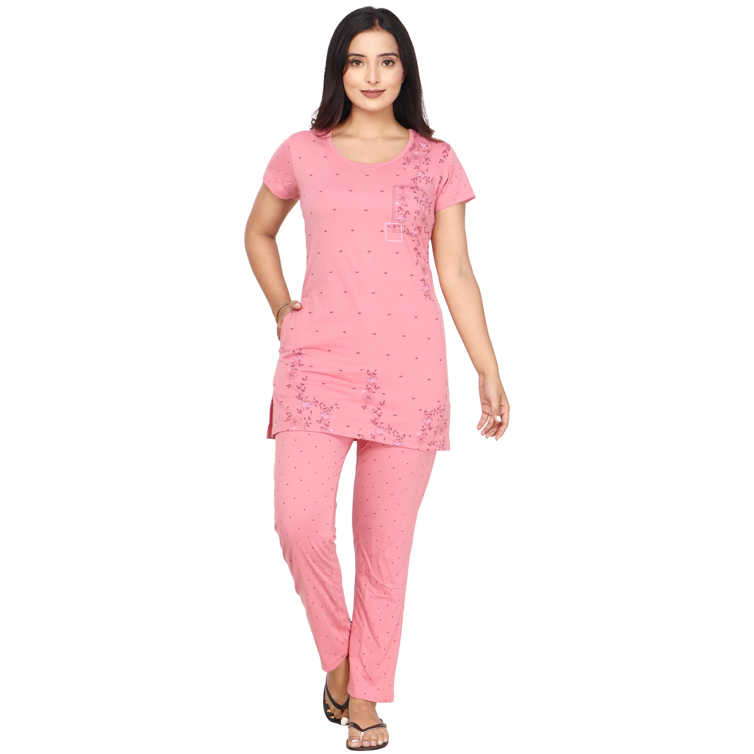 Summer Casual Round Neck Half Sleeve Cotton Blend Printed Nightsuit for Women's (6121 HOT-PINK)-image-45