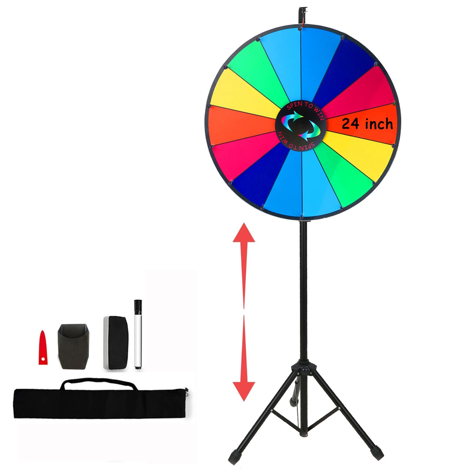 24 Inch Spinning Prize Wheel with Folding Tripod Floor Stand, Spin Wheel Spinner 44”-60” Height Adjustable 14 Slots Color Spin for Game with Dry Erase & Marker Pen for Trade Show