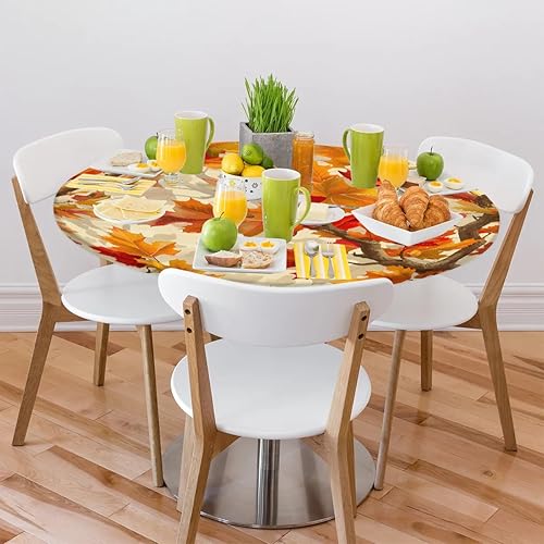 Vista 443 de Pardick Mantel redondo elástico con diseño de hojas de otoño, mantel redondo ajustable de 36 a 42 pulgadas, mantel circular impermeable, lavable