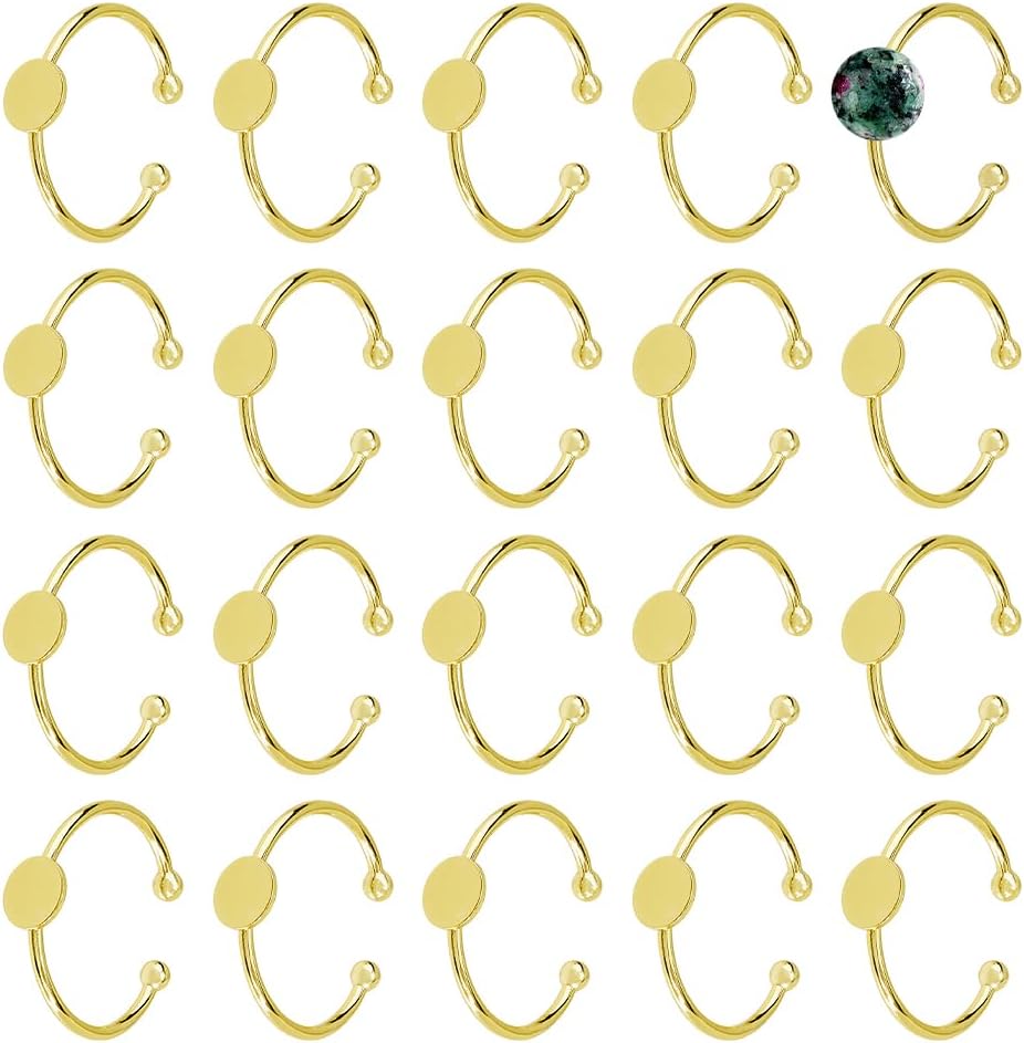DICOSMETIC 20Pcs Adjustable Blank Ring Golden Pad Ring Base Half Round Cabochon Ring Brass Bezel Trays Rings Open Cuff Ring Finger Ring Settings Component for DIY Rings Making