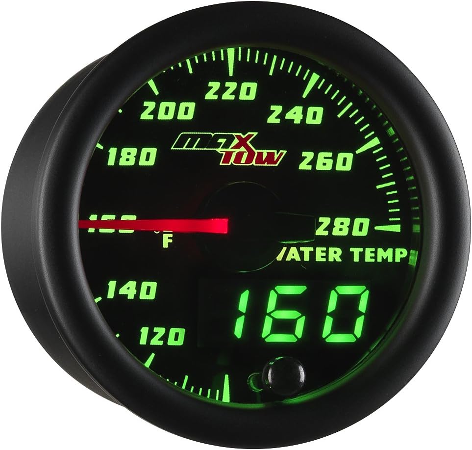 MaxTowDouble Vision 280 F Water Coolant Temperature Gauge Kit - Includes Electronic Sensor - Black Gauge Face - Green LED Illuminated Dial - Analog & Digital Readouts - for Trucks - 2-1/16" 52mm