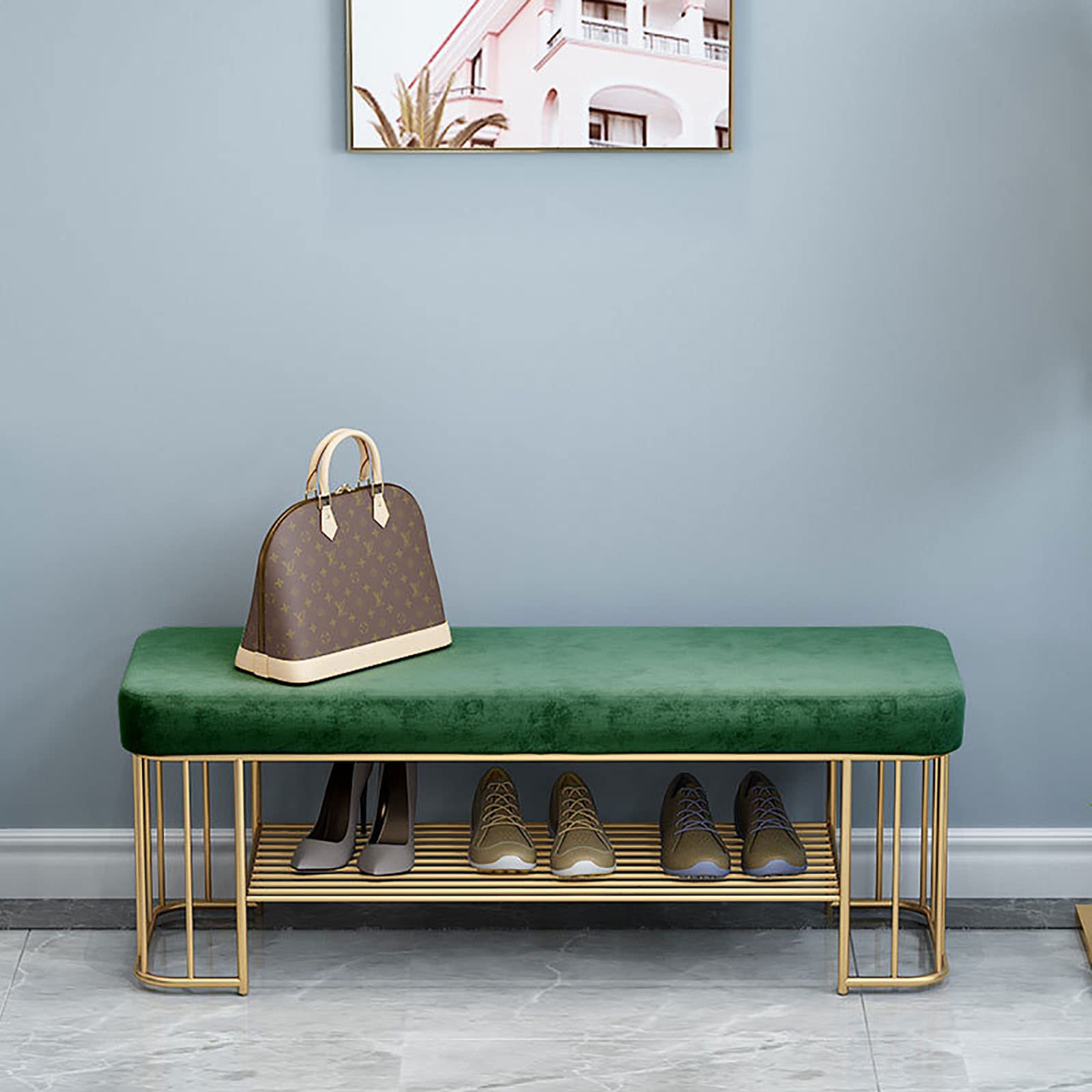 Rangement rembourré à deux niveaux et banc d'entrée étagère à chaussures métal 100 cm
