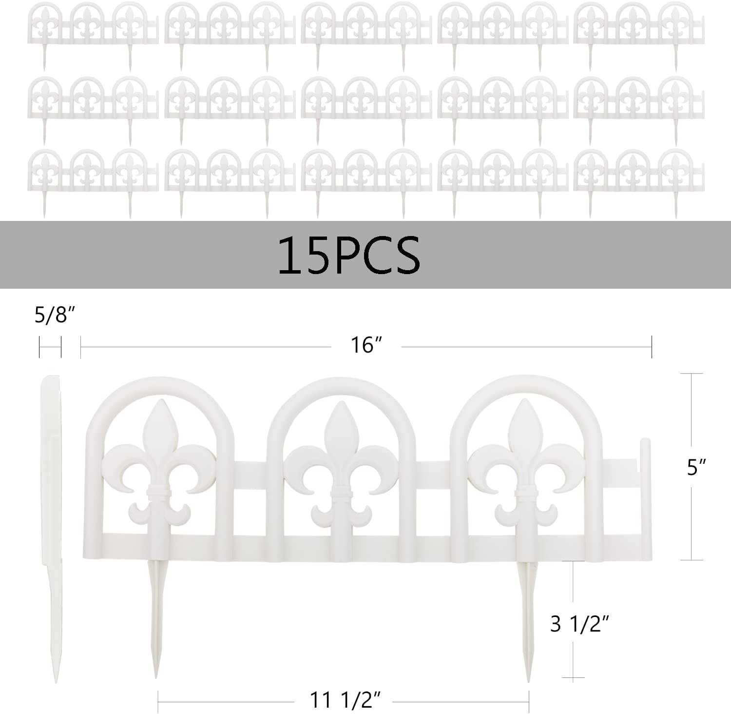 Evelyne White Garden Border Plastic Edging – PP Plastic, Short Metal-Free Wrought Iron Look Design, 15pcs Yard Landscaping Fence Liner Lawn Edge Barrier, 20ft Kit of Decorative Lawn Landscape Panels