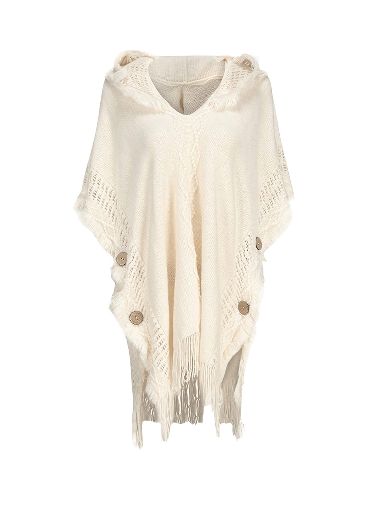GORGLITTER Womens Fall Fringe Shawl Wrap Warm Poncho Cape Hooded Sweater Boho Dolman Sleeve Button Oversized Sweaters