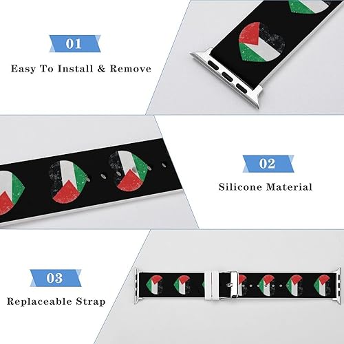 Miniatura 7 de Correa de silicona con bandera de corazón retro de Palestina compatible con IWatch Watch de 1.496 pulgadas, 1.575 pulgadas, 1.654 pulgadas, 1.7,