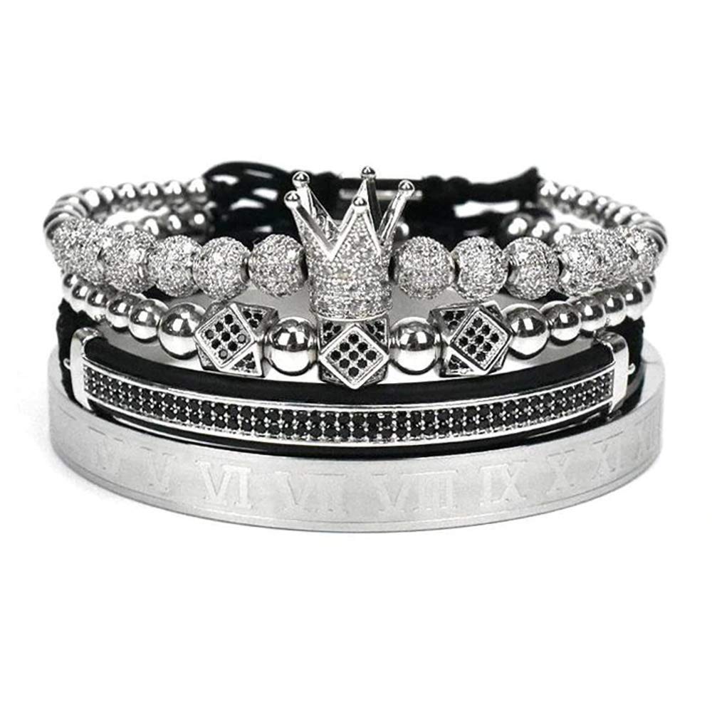 WFYOU Imperial Crown Bracelet For Men - 18kt Gold Plated With Cubic Zirconia Beads, Adjustable 6.2-9.8 Inch, Luxury Gift