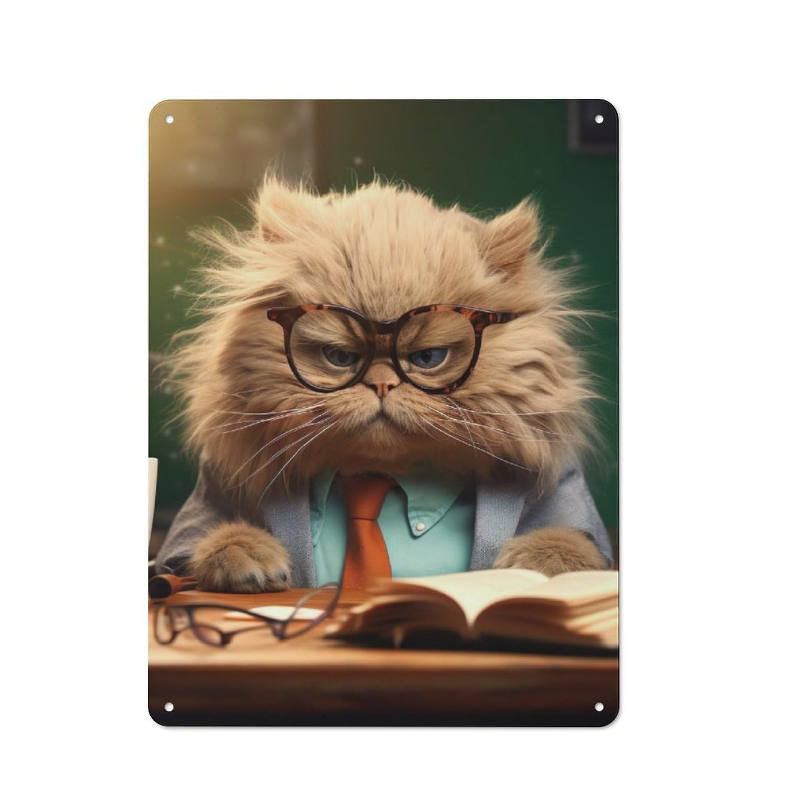 Angry Teacher Cat Glasses Printed Metal Sign for Pet Owners, Birthday, Christmas Or Housewarming Gift, 40x30cm