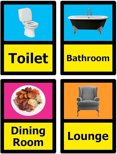 Pack of 4. Toilet, Bathroom, Dining Room and Lounge Dementia Signs for People with Alzheimer's in Care Homes and households. Size 150mm x 200mm self Adhesive Stickers. Ideal for Internal Doors