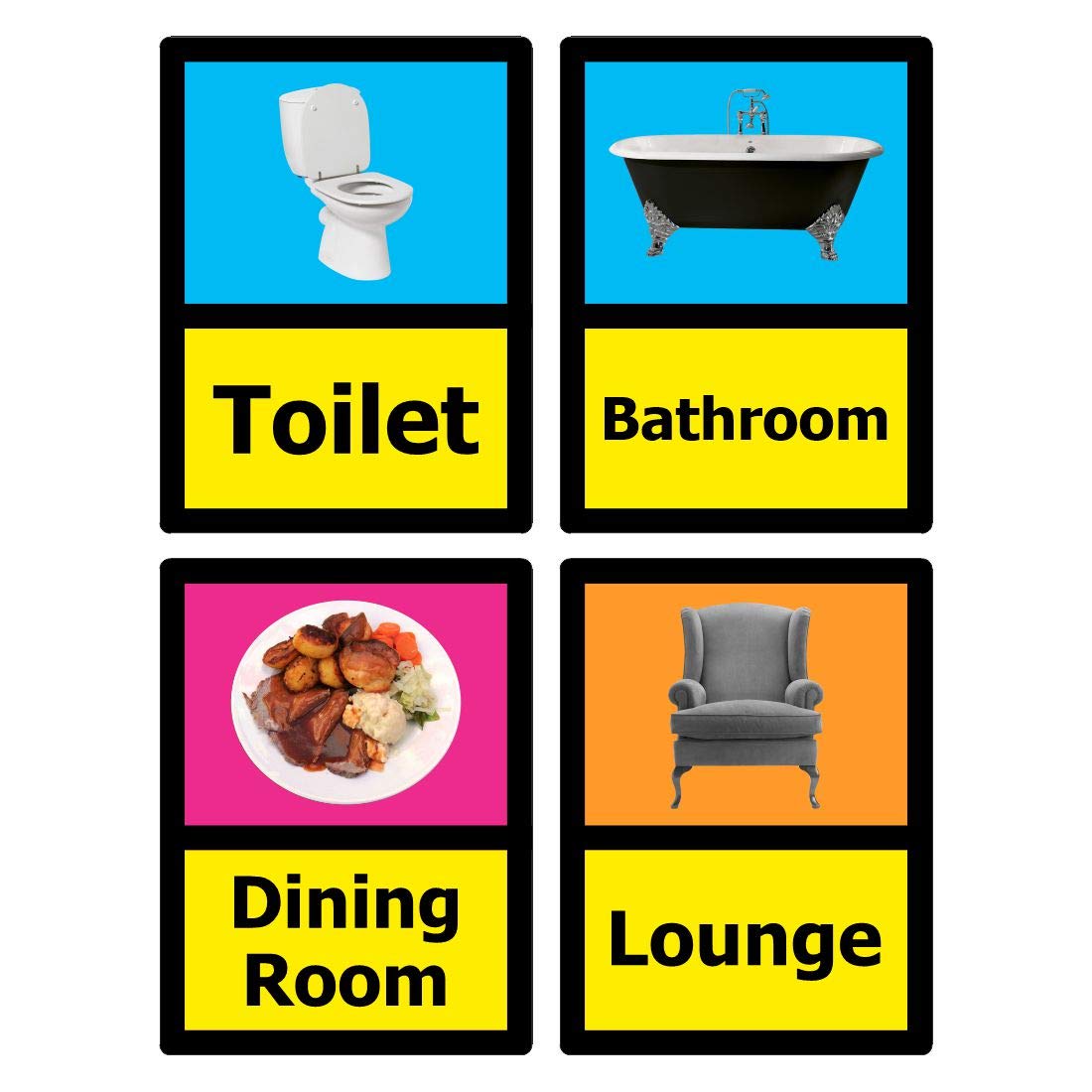 Pack of 4. Toilet, Bathroom, Dining Room and Lounge Dementia Signs for People with Alzheimer's in Care Homes and households. Size 150mm x 200mm self Adhesive Stickers. Ideal for Internal Doors
