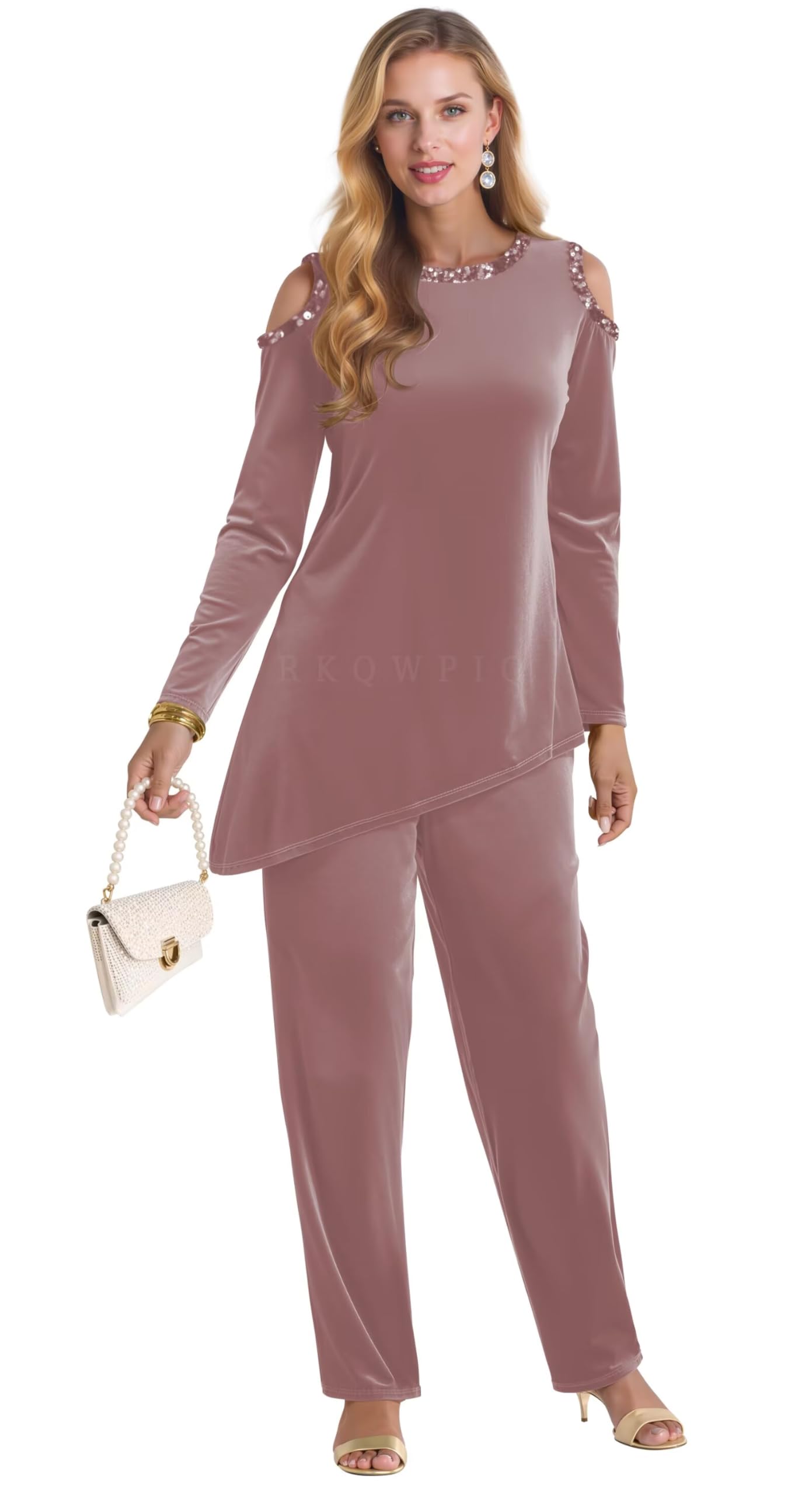 Sequin Cold Shoulder Formal Mother of The Bride Pant Suits Women Long Sleeve 2 Piece Velvet Wedding Pants
